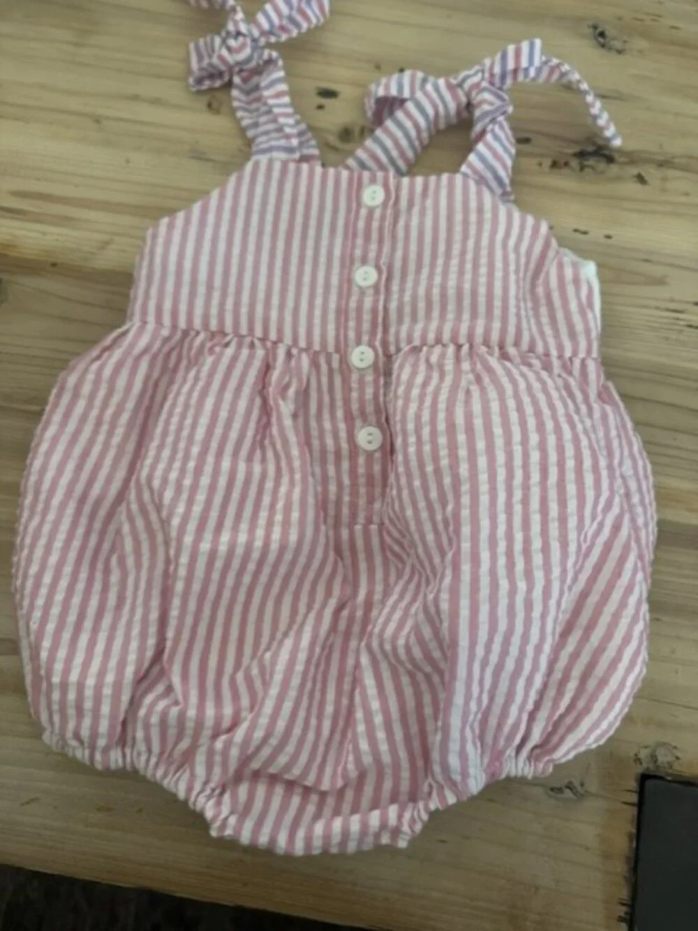 The Smocked Flamingo. Mini Mouse striped bubble. Size 9 mos